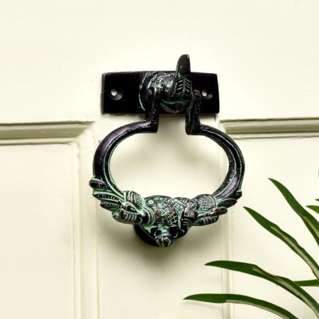 Brass Green Patina Elephant Trunk Up Peacock Door Knocker